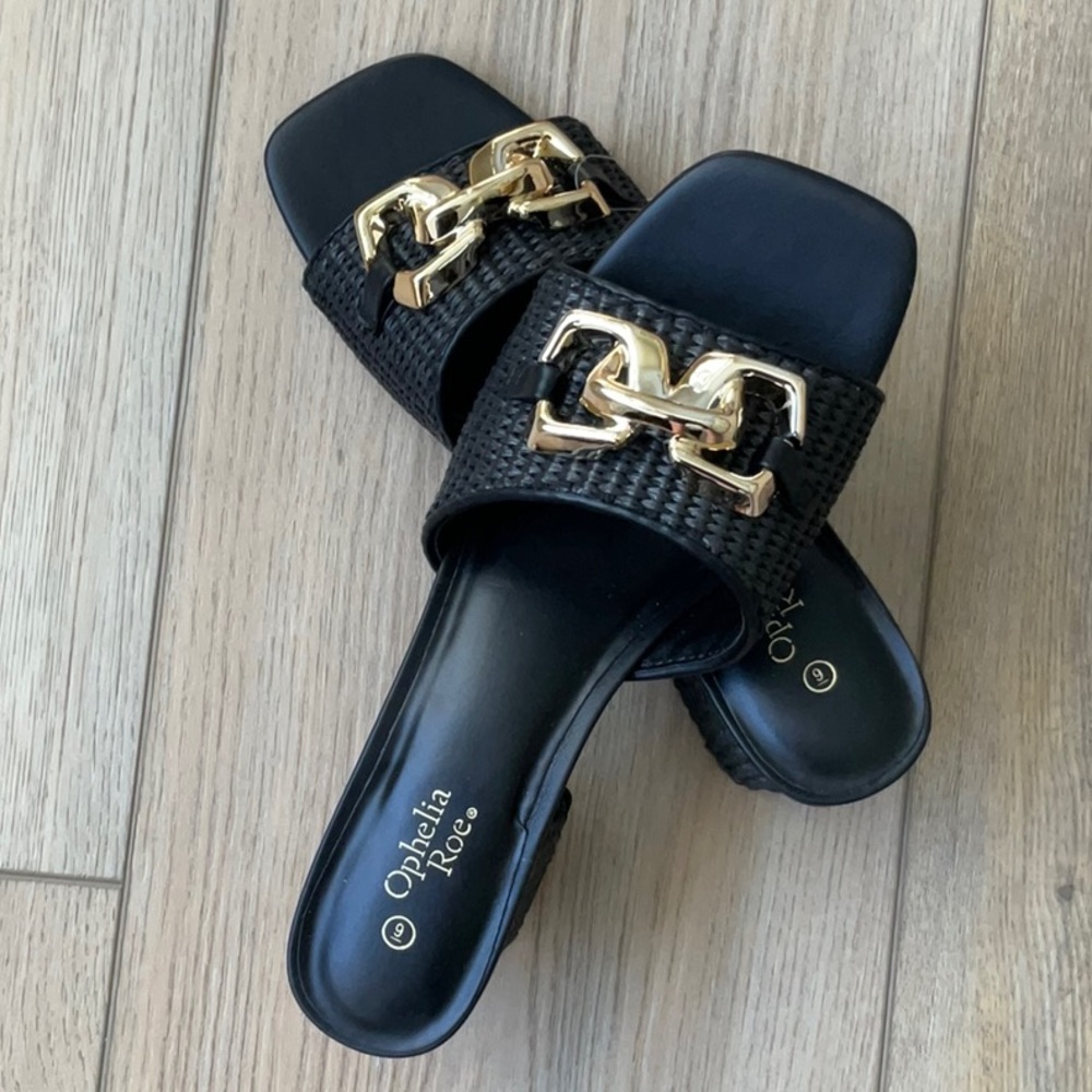 NWT Ophelia Roe Black Sabrina Slide Block Heel Sandal Size 9 Summer Glam Evening